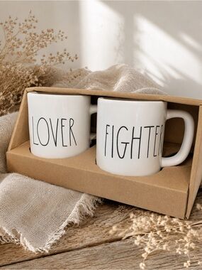 Rae Dunn Lover‎ & Fighter Mug Farmhouse Ceramic Coffee Cup Set